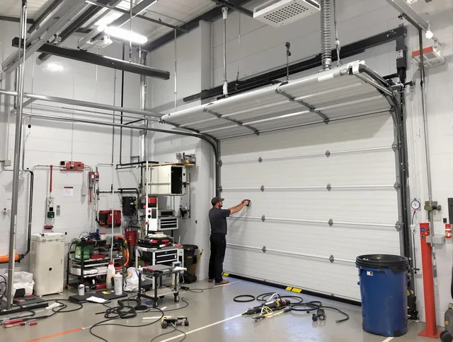 Tega Cay Garage Door Repair certified technician performing commercial door repair at a Tega Cay business facility
