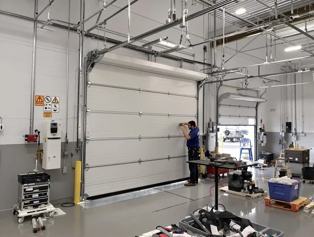 Commercial garage door repair being performed by Tega Cay Garage Door Repair expert in Tega Cay