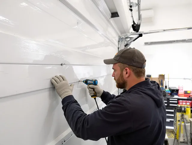 Tega Cay Garage Door Repair technician demonstrating precision dent removal techniques on a Tega Cay garage door