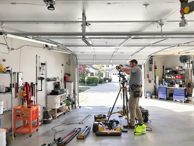 Tega Cay Garage Door Repair specialist performing laser-guided track alignment in Tega Cay